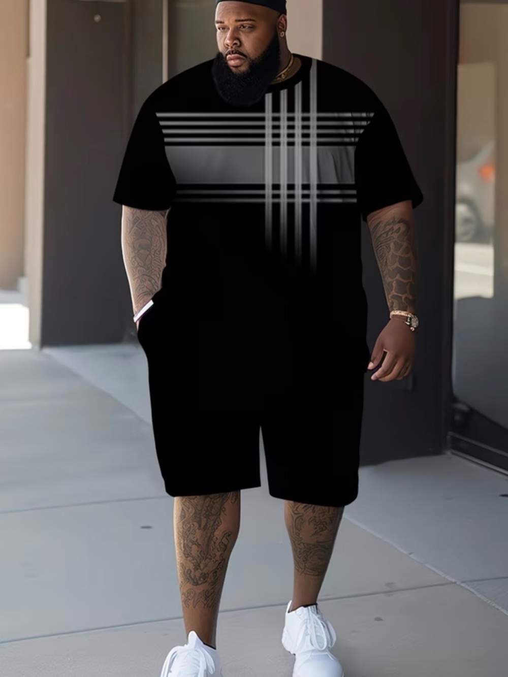 Men's Short Set Black with Gray Stripe Detail